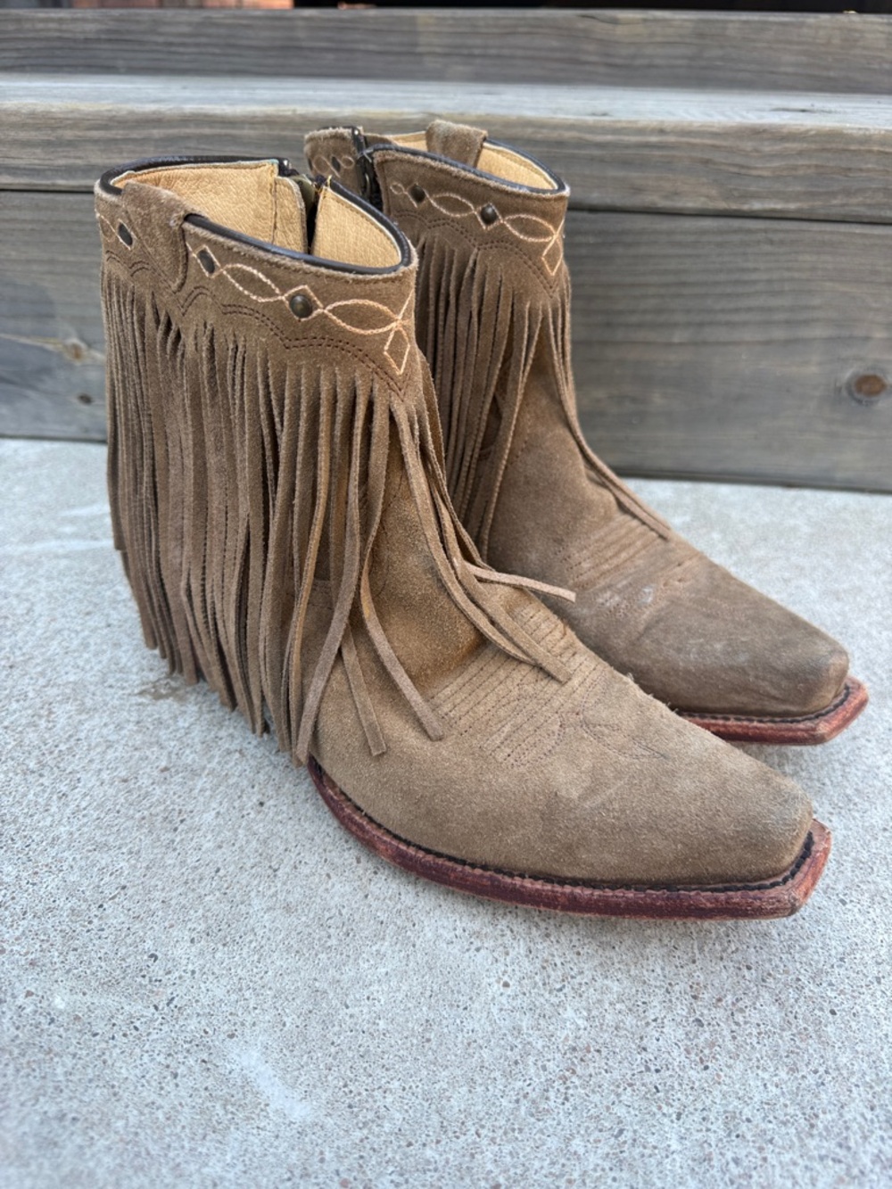 JB Dillon Fringe Suede Western Ankle Boots - Tan